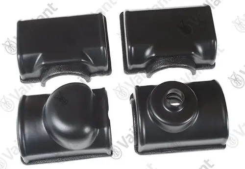 Vaillant Wärmedämmung, vier schwarze Isolierelemente mit unterschiedlichen Formen zur Montage. Geeignet für die flexoCOMPACT Konsole und ähnliche Anwendungen.
